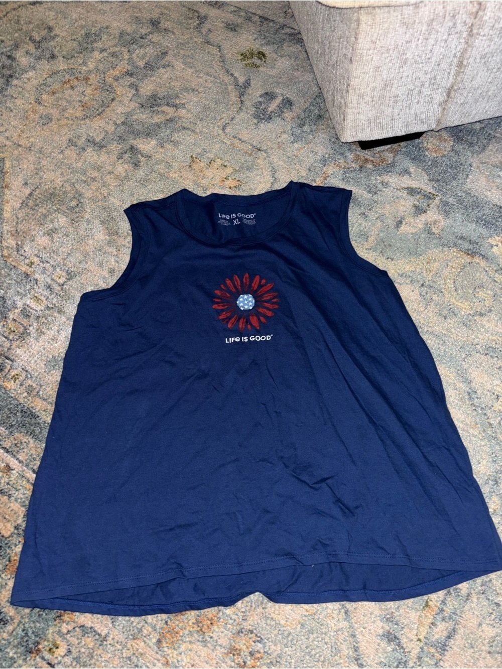 Life Is Good Navy Sleeveless Tank with Red Sunflower Graphic